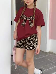 SHEIN Vintage Leopard Print Bow Decor, Teen Girl Casual Minimalist Loose Fit Round Neck Short Sleeve T-Shirt And Shorts 2 Pieces Set, Suitable For Spring/Summer - Multicolor - View 4