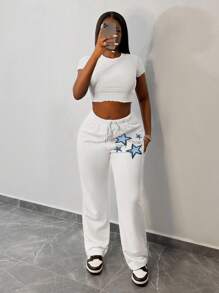 Slaydiva Quần ống đứng dáng suông, đơn giản, phong cách đường phố, thể thao, dây rút, màu trắng in hình ngôi sao, dành cho nữ. - trắng - Xem 7