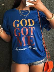Rovax 标语印花短袖T恤上帝赐予我平安喜乐图案T恤女款上衣 - 藍色 - 查看 5