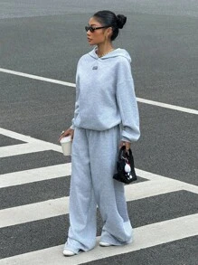 SHEIN EZwear 休闲宽松连帽衫和运动裤字母印花街头风格套装，加大码，秋冬 - 灰色 - 查看 6