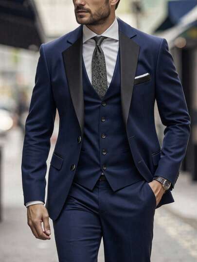 Calvornis 海军蓝男士西装，绅士装束，纯色街头风格，男朋友/丈夫礼物，周年纪念首选，老钱风格