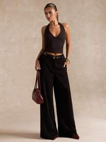 SHEIN BAE Women's Sexy Solid Color Backless Halter Top, Summer - Coffee Brown - View 5