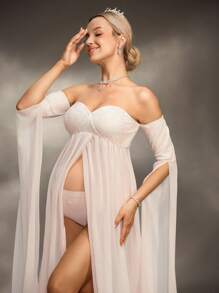 Cheriluna Maternity 孕妇摄影连衣裙，超长袖，无肩带，防滑蕾丝开衩长裙