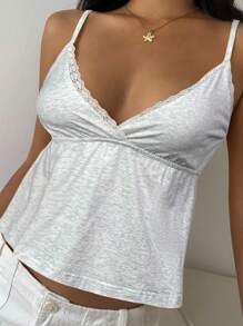 CovetEZ Soft Knitted Crop Cami Top In Light Grey With Ruffle Hem And Plain Design Lace Trim Cami