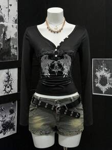 EgrlEra 女式 V 领朋克纽扣半襟印花长袖 T 恤