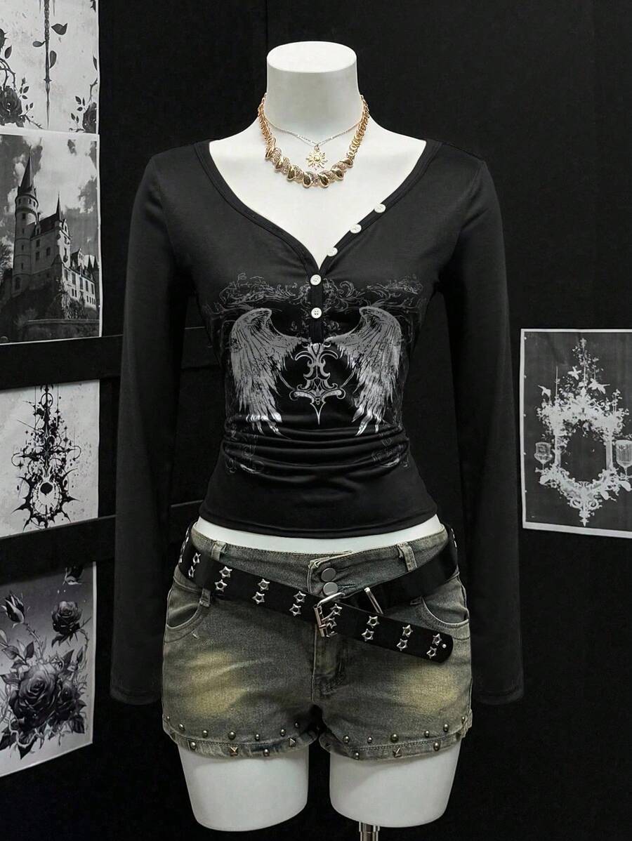 EgrlEra 女式 V 领朋克纽扣半襟印花长袖 T 恤