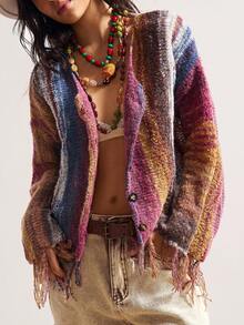 Bohemela Women's Casual Ombre Striped Fringe Hem Cardigan, Suitable For Autumn, Halloween, Christmas,Fall - Multicolor - View 1