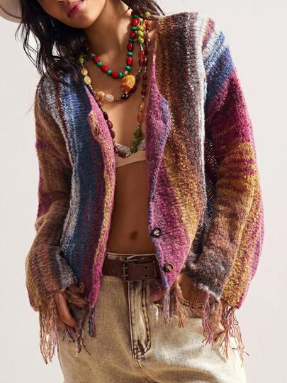 Bohemela Women's Casual Ombre Striped Fringe Hem Cardigan, Suitable For Autumn, Halloween, Christmas,Fall