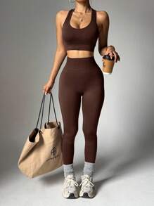 Easithlete 女士时尚纯色弹力露背运动文胸和紧身裤 2 件套运动服套装健身套装女士健身套装女士紧身裤套装