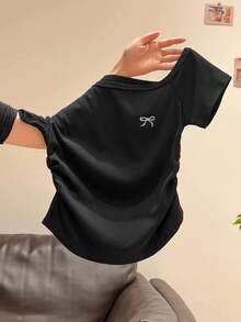 INAWLY Women's Summer New Sexy Asymmetrical Shoulder Bowknot Embroidery Ruffle Slim Fit Revealing Shoulder T-Shirt - Black - View 4