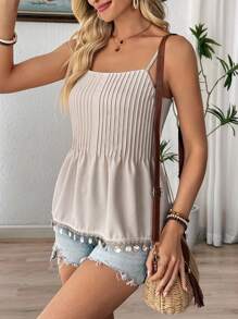 Breezaya Áo hai dây xếp ly ren trơn không tay mùa hè cho nữ - Màu be - Xem 5