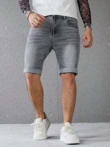 Manfinity Homme Men's Casual Grey Denim Shorts With Versatile Athleisure Design Men Grey Denim Shorts Stretch Washed Slim-Fit Denim Shorts - Grey - View 5
