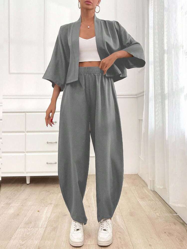 EURMUSE Women's Loose Casual Short Cardigan And Pants Cozy Two Piece Set - Grey - View 4