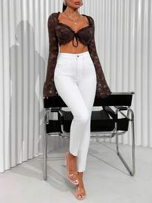 EURMUSE Stretchiga vita skinny jeans med hög midja, avslappnade - Vitt - Visa 6