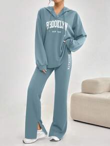 Veilorie 2pcs Women Casual Letter Print Drawstring Hooded Sweatshirt And Pants Set, Autumn 2 Pieces Set - Blue - View 8