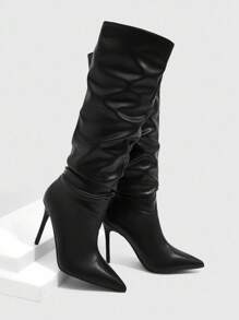 CUCCOO SZL Women's Rhinestone Pointed Toe Pleated Thigh High Boots, Fashionable For Date & Party Outfit For Christmas Spring Shoes - Black - View 4