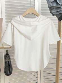 SHEIN CURVE+ Plus Size Women Casual Asymmetric Drawstring Zipper Short Sleeve Hoodie, Suitable For Spring/Summer Graduation Ceremony, Back To School, Women Teachers