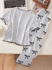 青少年女孩两件套睡衣套装，灰色蝴蝶印花圆领荷叶边下摆短袖上衣和裤子，休闲家居服 - 灰色 - 查看 2