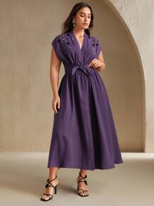 Anewsta Vestido de línea A con decoración de cuentas, de moda casual para mujer de talla grande, de verano - Morado Violeta - Ver 6