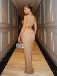 SHEIN BAE 优雅女士不对称扭领开衩长裙，适合休闲约会、夜店、派对、节日 - 闪亮圣诞女装、Y2K 风格、派对礼服、跨年晚礼服、圣诞礼服 - 卡其色 - 查看 2