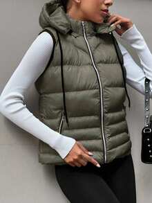 RueChic Zip Up Drawstring Hooded Puffer Vest Coat - Army Green - View 4