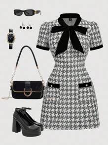 SHEIN MOD Váy ôm sát cổ xoắn kẻ caro cổ điển cỡ lớn dành cho nữ, thích hợp cho ngày tựu trường, tiệc tùng, sinh nhật, đi làm, có nơ trang trí, váy dự tiệc cưới cho nữ, váy họa tiết răng sói, váy vải tuýt, váy công sở cho nữ, quần áo mùa thu, quần áo mùa thu, thanh lịch, sang trọng - Đen và trắng - Xem 1