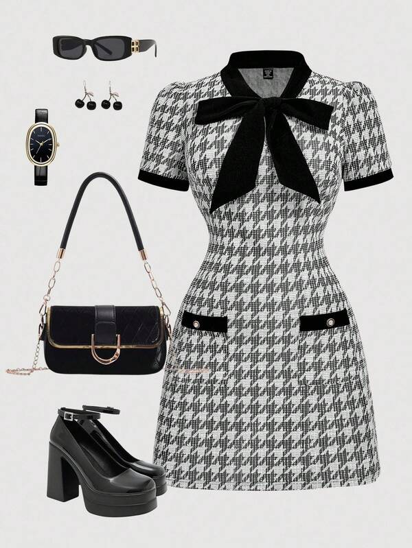 SHEIN MOD Plus Size Women's Retro Plaid Twist Collar Bodycon Dress, Suitable For Back To School, Party, Birthday, Commute, With Bow Decor,Wedding Guest Dress Women Preppy Dress Houndstooth Dress Tweed Dress Women Office Dress,Autumn Clothes,Fall Clothes,Elegant,Chic