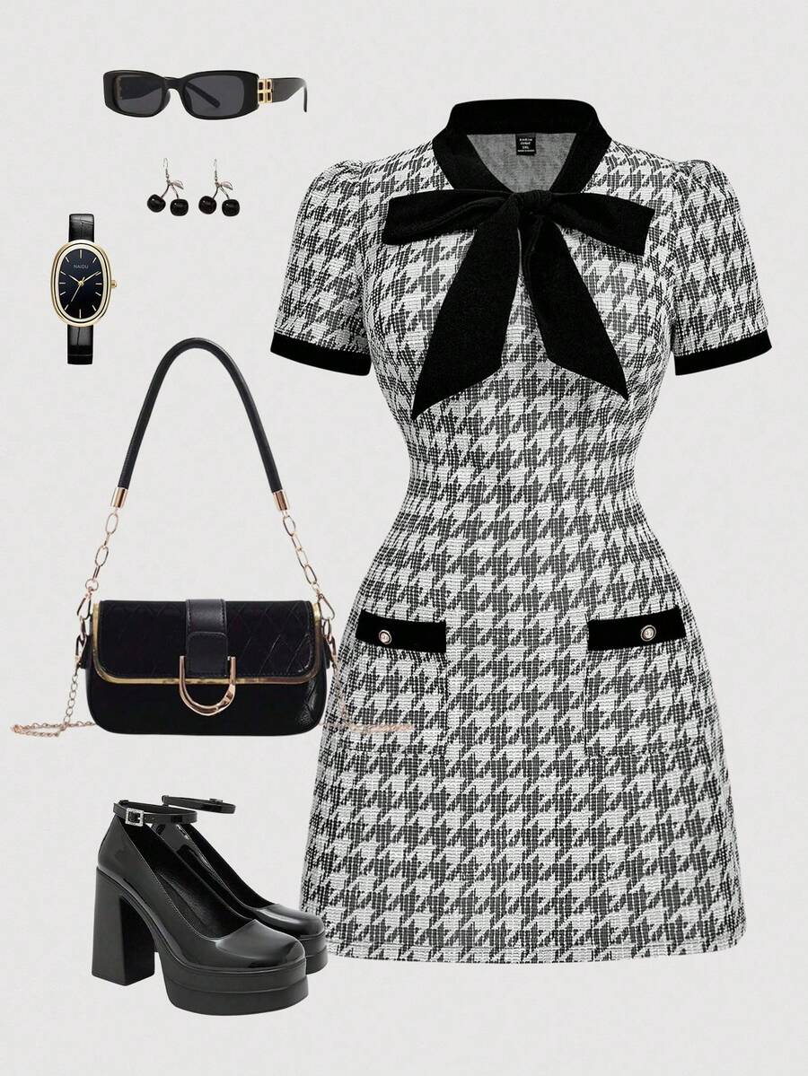 SHEIN MOD Váy ôm sát cổ xoắn kẻ caro cổ điển cỡ lớn dành cho nữ, thích hợp cho ngày tựu trường, tiệc tùng, sinh nhật, đi làm, có nơ trang trí, váy dự tiệc cưới cho nữ, váy họa tiết răng sói, váy vải tuýt, váy công sở cho nữ, quần áo mùa thu, quần áo mùa thu, thanh lịch, sang trọng - Đen và trắng - Xem 1