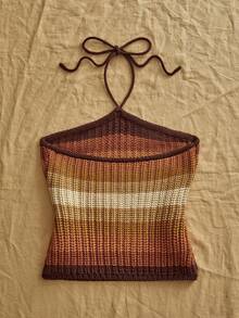 Travachic 女式条纹休闲挂脖针织上衣 - 紅色 - 查看 2