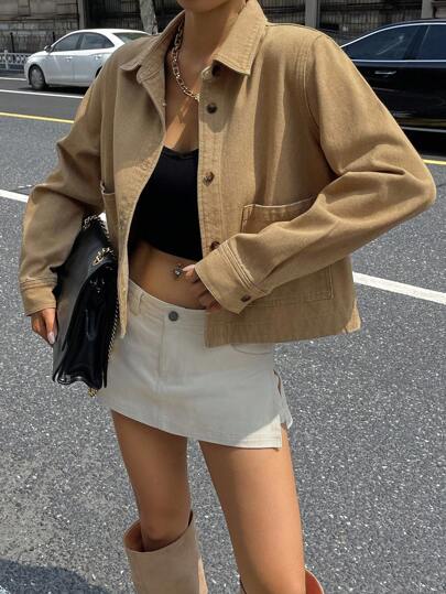 DAZY Fashionable Retro Vintage Coin Pattern Brown Stylish High-End Denim Jacket And Coat