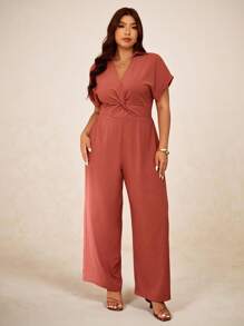 Elaquor Mono casual para mujer de talla grande con solapa, manga murciélago, cintura torcida y pierna ancha en unicolor - Color caoba - Ver 2