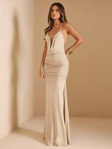 SHEIN BAE Women's Solid Green Spaghetti Strap Ruched Waist Open Back Dress, Suitable For Party, Vacation, Banquet, Wedding, Night Out, Romantic Date, Summer,Fall Wedding Guest Dress - Apricot - View 4