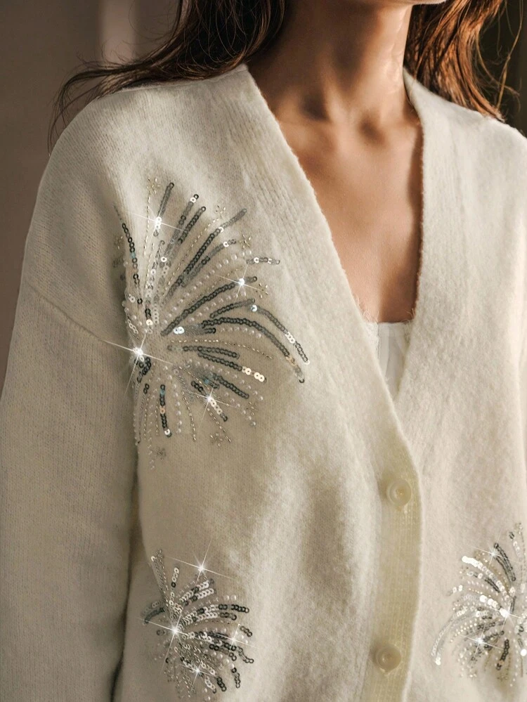 CONTRAST SEQUINS AND BEADED DETAIL DROP SHOULDER OVERSIZE CARDIGAN