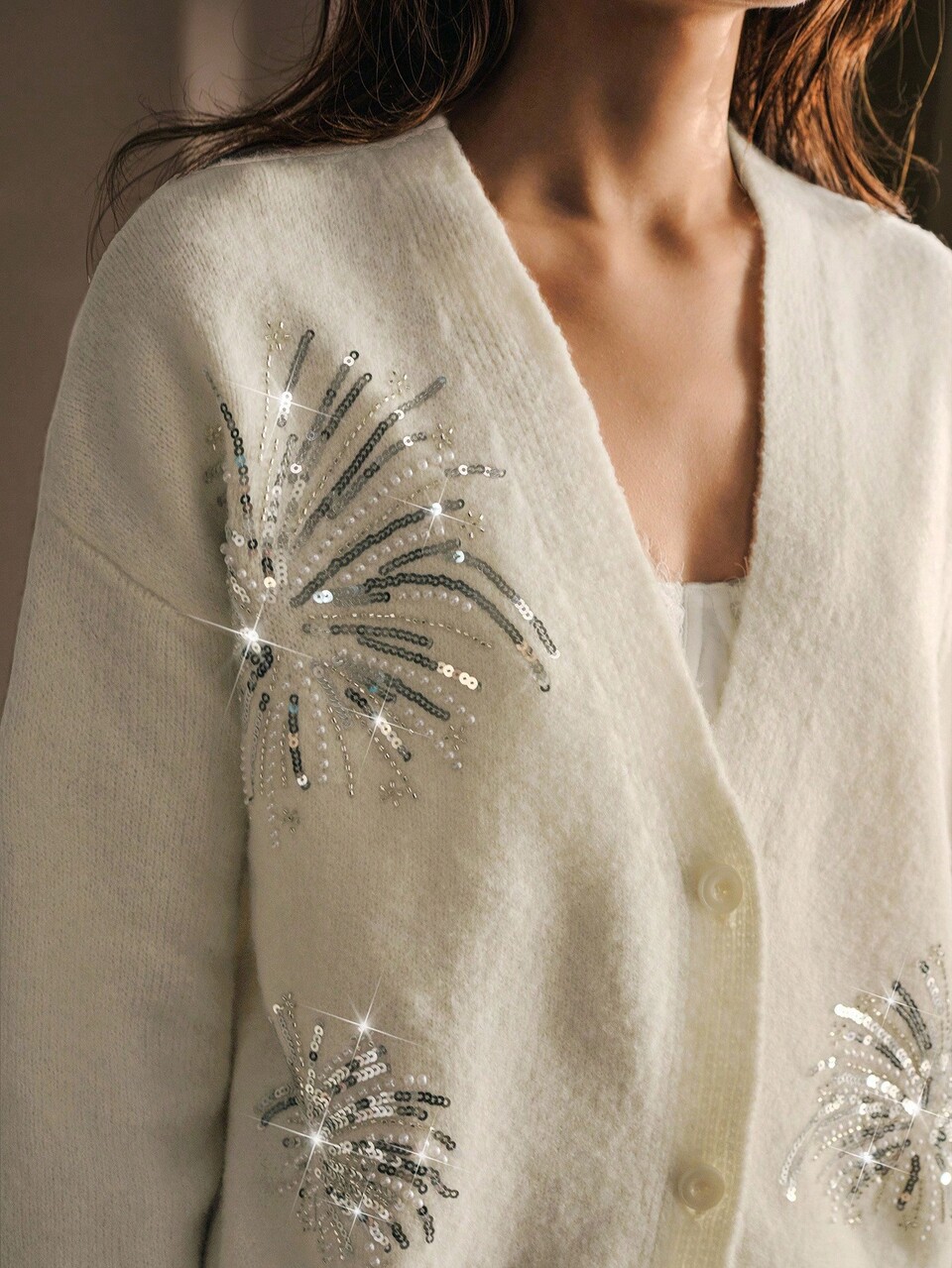 CONTRAST SEQUINS AND BEADED DETAIL DROP SHOULDER OVERSIZE CARDIGAN