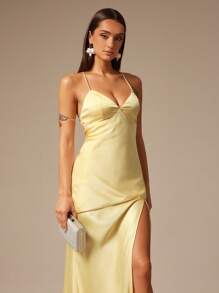 Silquee 女式纯色细肩带无袖开衩连衣裙 - 黃色 - 查看 5