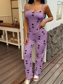 SHEIN 女士心形印花针织吊带背心和休闲裤睡衣套装，四季舒适 - 紫色 - 查看 5