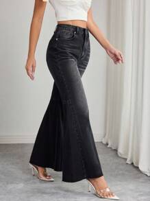 Elenzga Women's High Waist Pocketed Flare Casual Versatile Denim Jeans - Black - View 1