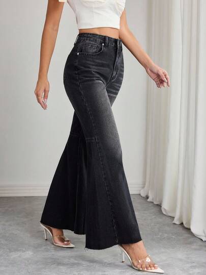 SHEIN Clasi Women's High Waist Pocketed Flare Casual Versatile Denim Jeans