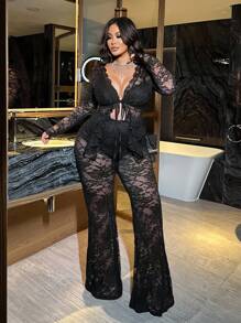 NU&NOW 加大码长袖蕾丝边优雅性感两件套 - 黑色 - 查看 2