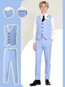 SHEIN 2pcs Tween Boys' Slim Fit Wedding/Formal Event Piano Performance Vest & Pants Suit Set, Spring/Summer, School, Campus, College Fall Winter - Blue - View 8