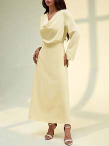 SHEIN PETITE Vestido elegante de manga larga con cuello de capucha de unicolor para mujeres - Amarillo - Ver 5