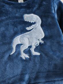 SHEIN 2 件套小男孩卡通恐龙刺绣圆领长袖上衣和长裤柔软舒适双面法兰绒睡衣套装，冬季