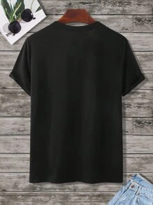 Manfinity Homme 男士圆领短袖字母图案休闲T恤，夏季 - 黑色 - 查看 3