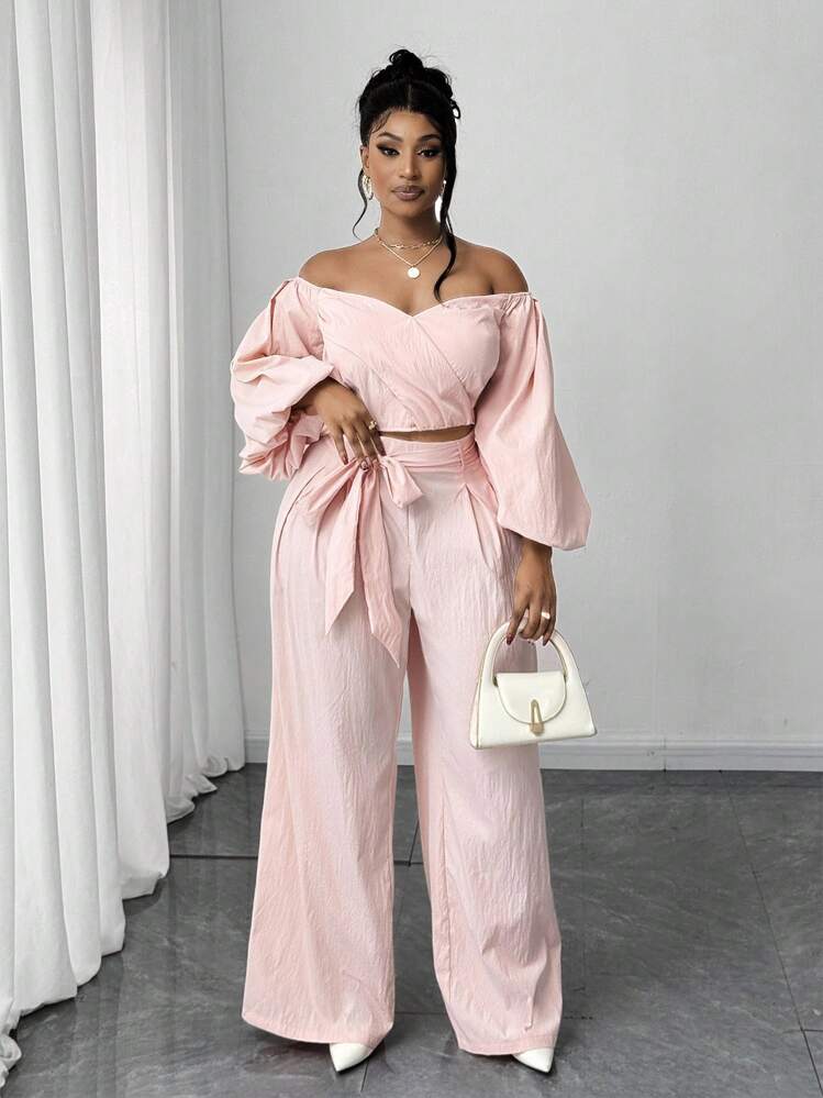 Maweii Set de 2 piezas de manga abullonada con lazo casual para tallas grandes - Rosa Pálido - Añade 2