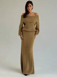 Aloruh 秋冬新款燕麦色露肩灯笼袖修身套头针织毛衣和加长美人鱼下摆中裙套装 - 杏色 - 查看 7