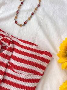 SHEIN 少女度假条纹针织红白针织褶皱面料抹胸吊带领蝴蝶结连体裤，舒适贴身，适合派对、情人节，可作为内衣或外套穿着 - 紅白色 - 查看 4