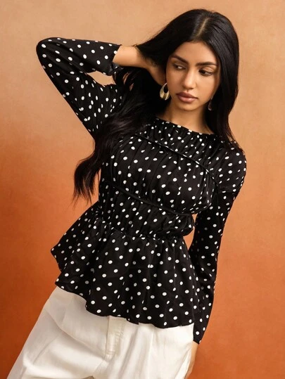 Almamuse 休闲优雅女式长袖圆点腰衬衫