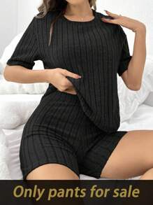 SHEIN Pantalones cortos de estar en casa de mujer de unicolor acanalado y ajustado, pantalón de estar en casa negro - Negro - Ver 6