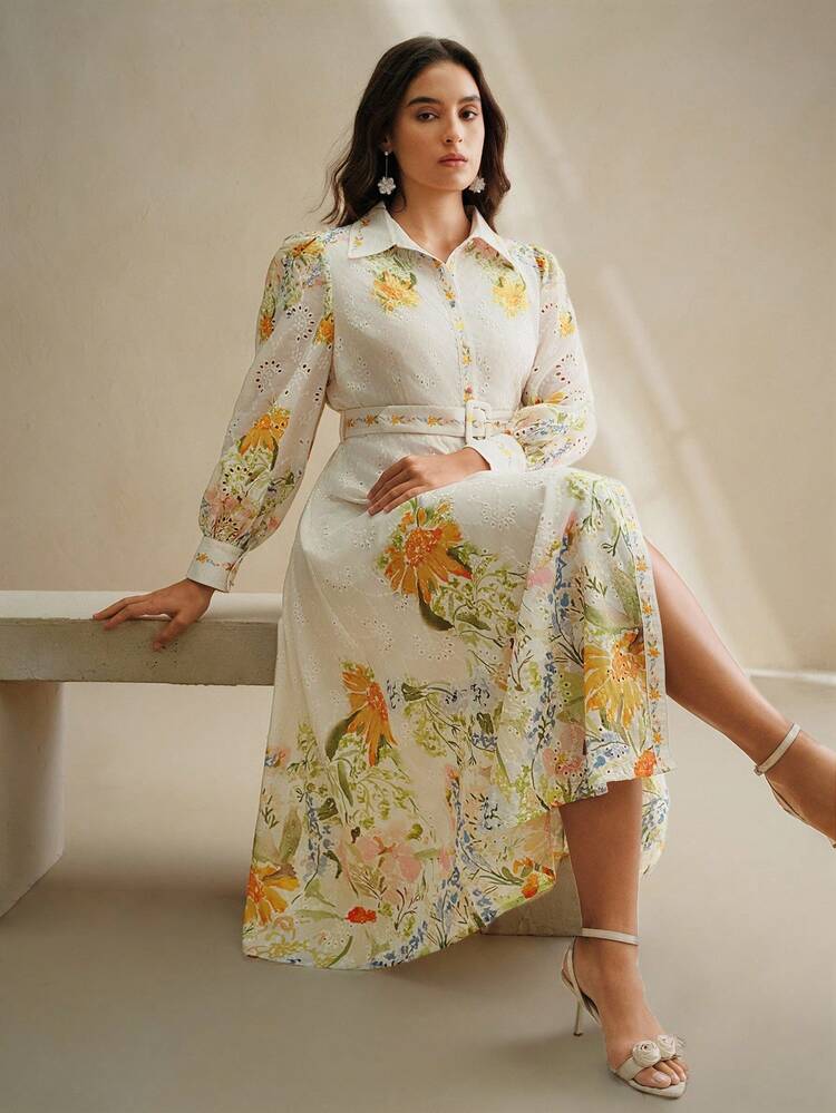 Große Größen Französischer Einreihiger Laternärmel Hemdkragen Gürtel Blume Muster Loose Maxi Kleid, Frühlings-Outfits für Frauen