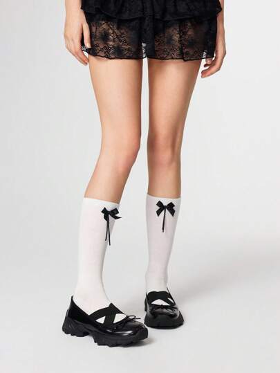 Goth Women's Bowknot Round Toe Chunky Sole Ballet Flats, PU Material, Black Color With Buckle Design, Suitable For Sports, Graduation, Photography